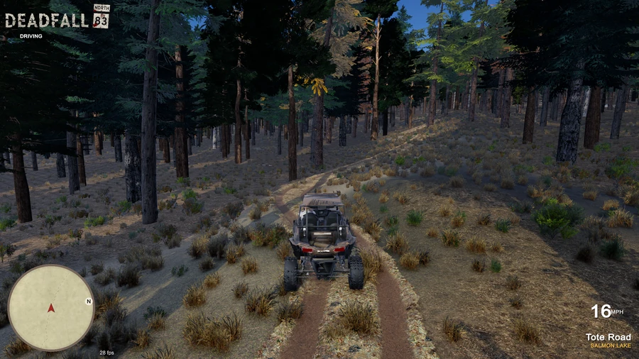Third-person gameplay: a UTV on Tote Road beneath tall forest trees, with a minimap and the driving HUD visible.