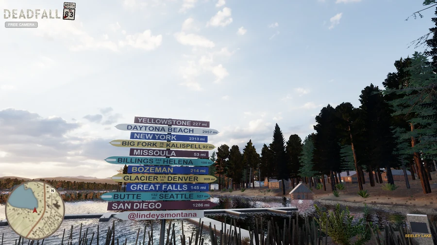 In-engine free-camera view: The colorful destination sign at Lindey’s Landing with the dock and lake behind it at golden hour. Original minimap and location HUD remain visible.