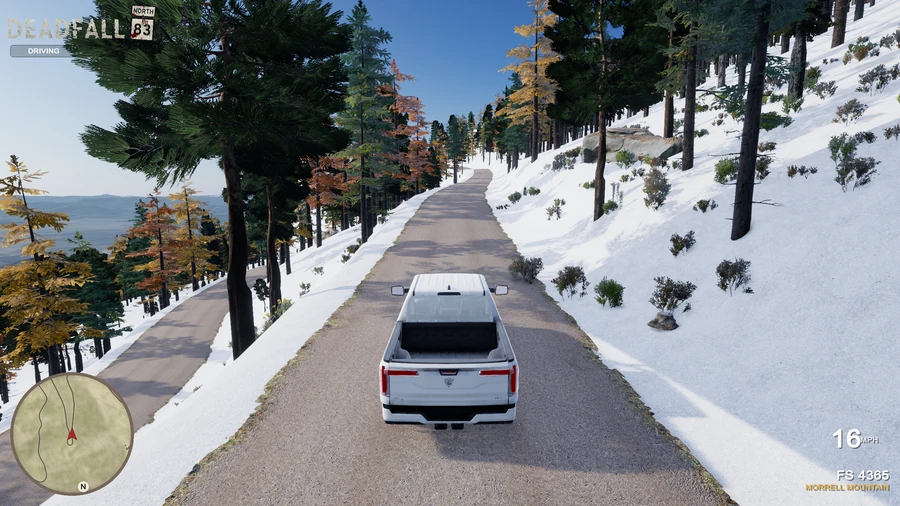 Third-person gameplay: a pickup drives up the snowy forest road on Morrell Mountain with the driving HUD visible.