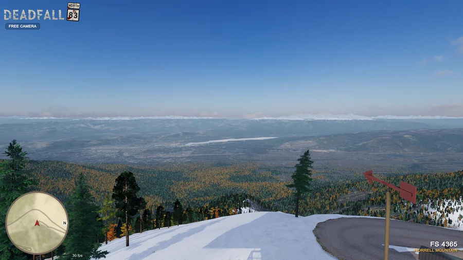 In-engine free-camera view: Morning panorama from Morrell Lookout over forest, lakes and distant mountains. Original minimap and location HUD remain visible.