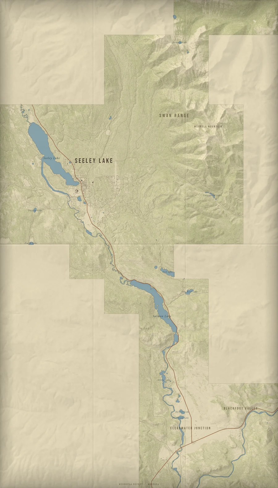 The in-game survey map: Seeley Lake in the north, Salmon Lake along Highway 83, Morrell Mountain to the east and Clearwater Junction in the south.